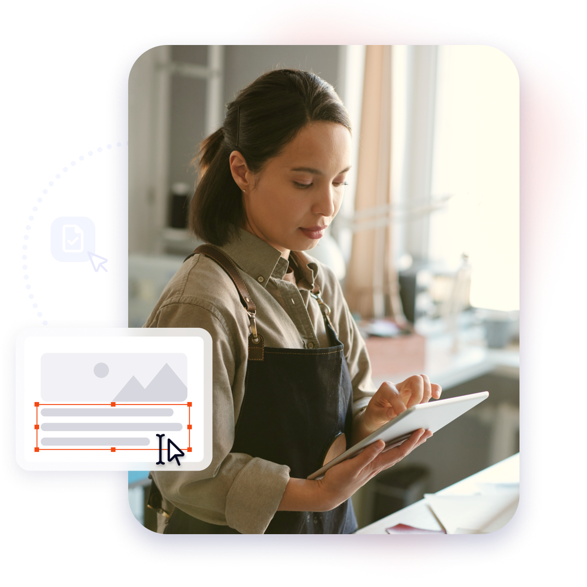 Woman in a studio adding notes using her tablet